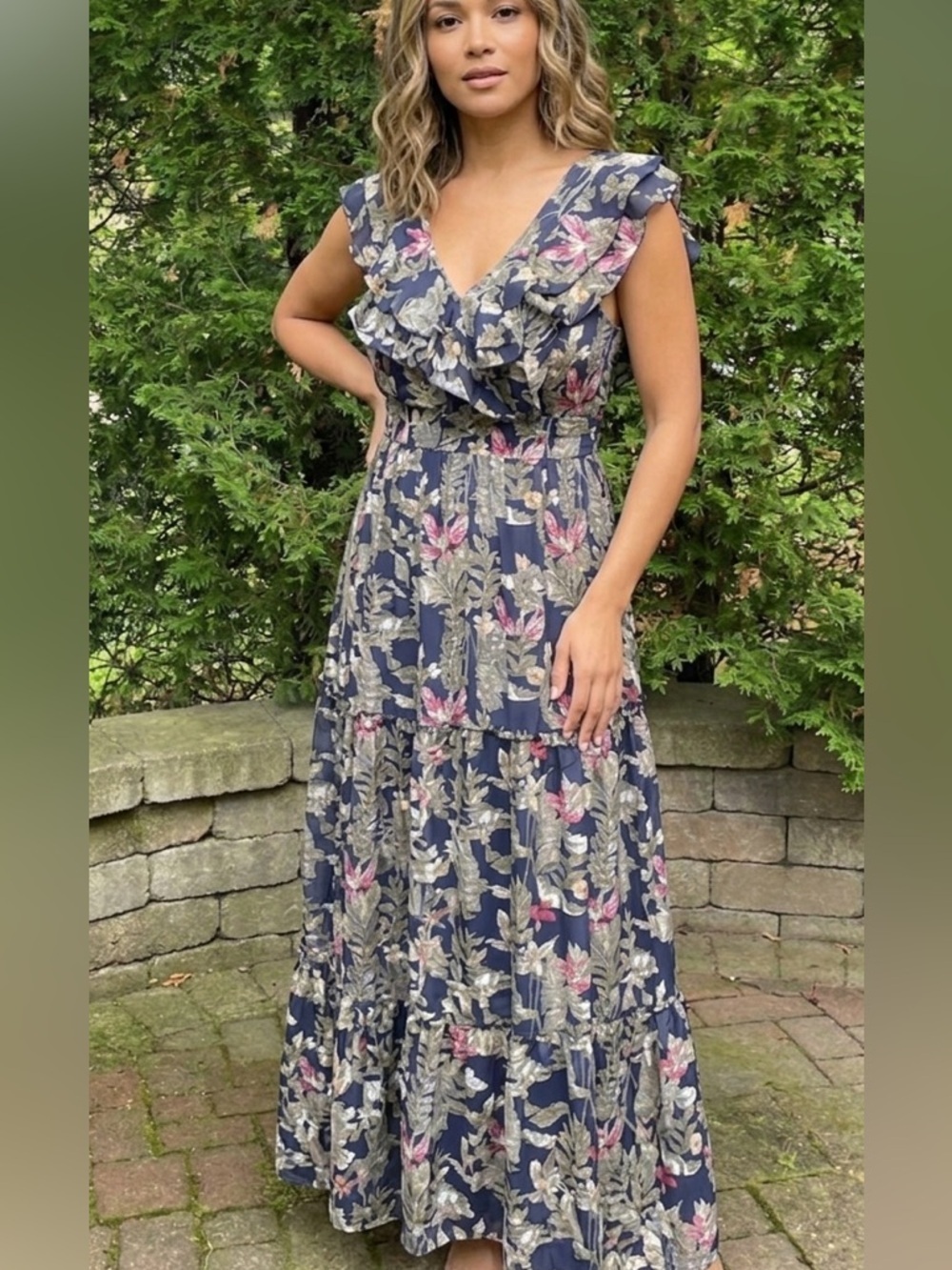 America & Beyond - navy Floral Print Maxi Dress- size large